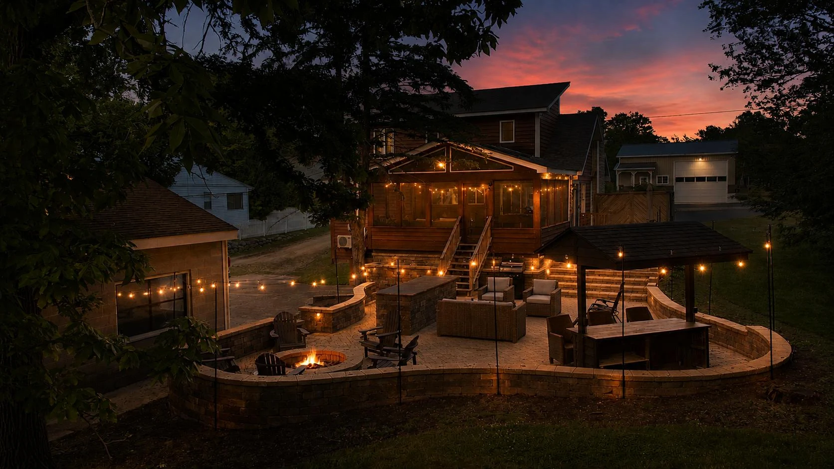 Linn Lodge outdoor living spaces at dusk