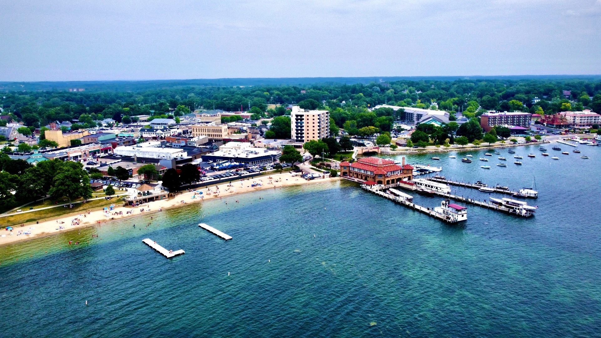 Aerial view of downtown Lake Geneva and Geneva Lake, Wisconsin